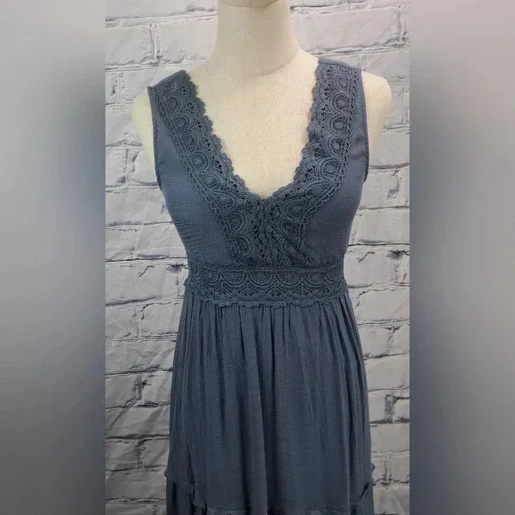 Rebellion Again Ruffled Boho Lace Maxi Dress V-Neck Dark Blue Rayon Y2K Size  XS - Picture 2 of 16